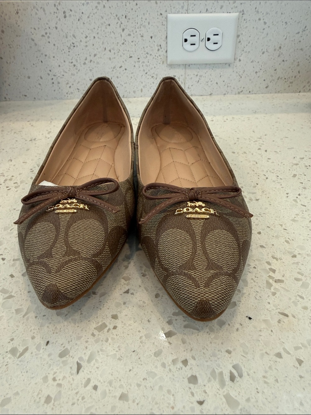 Coach Carissa Pointed Toe Ballet Flats Signature Canvas Brown Bow Charm